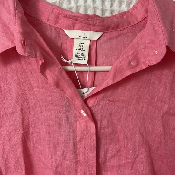 H&M Pink 100% Linen Button Down Short Sleeve Shirt Medium NWT - Picture 2 of 5